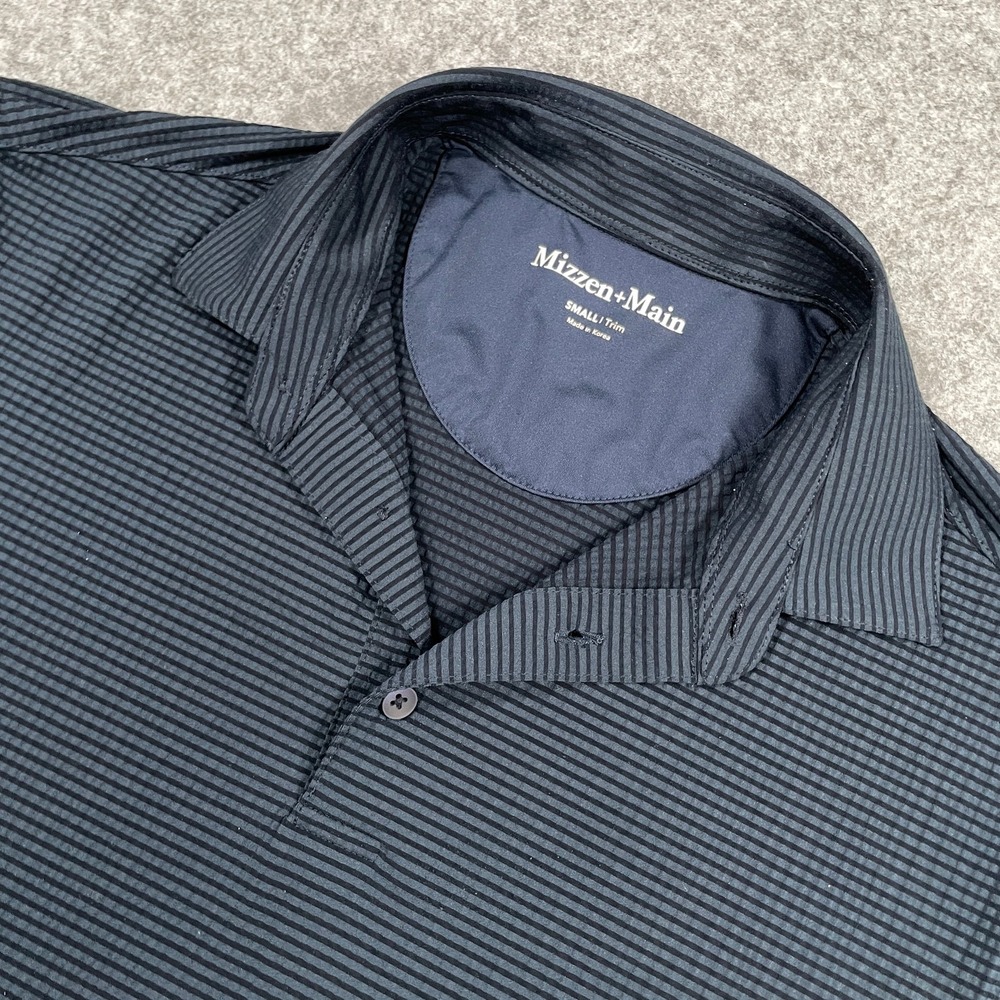 Mizzen+Main Mens Polo Shirt Small Navy Blue Striped Trim Fit Short Sleeve